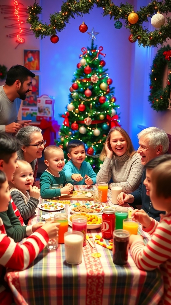 Fun Family Games for Christmas Parties Families enjoying games at a Christmas party with decorations and snacks.